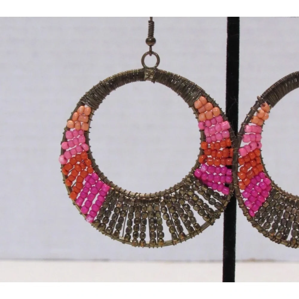 Round Microbead Dangle Circle Earrings Boho Chic Retro Kitschy Ethnic Folk Art